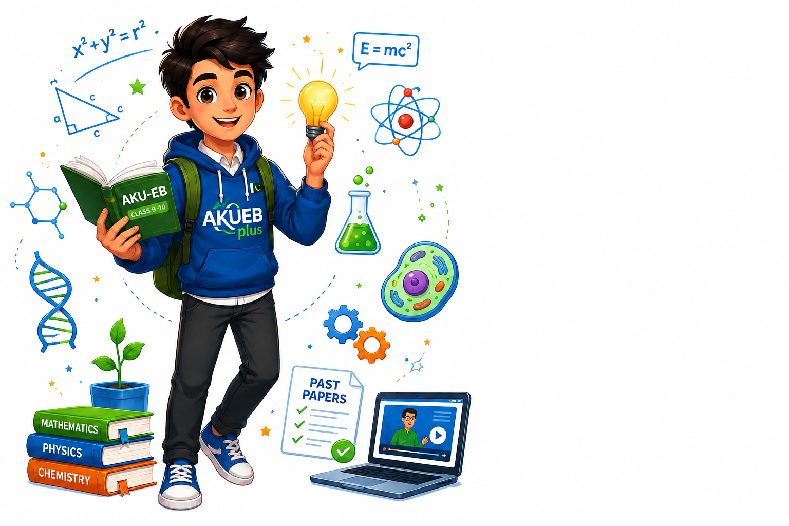 AKUEB+ student mascot surrounded by study icons